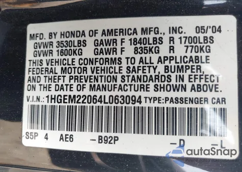 2004 Honda Civic Ex from USA, damaged, VIN 1HGEM22064L063094